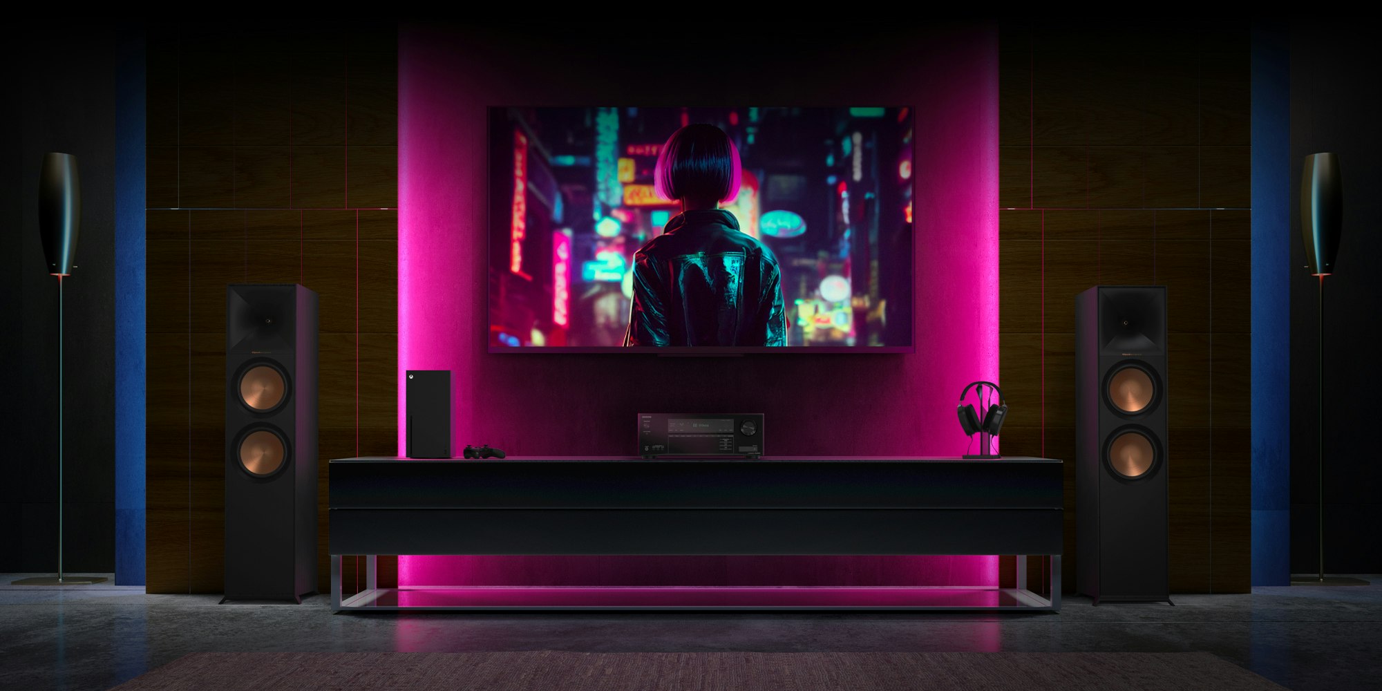 Onkyo TX SR3100 in cool gaming room with LED lights overlay 2000x1000